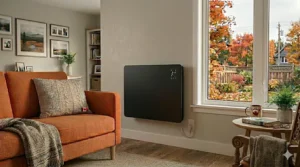Alt Text: Technical illustration displaying cool air intake and warm air convection currents flowing from a slim profile wall panel heater electric unit.