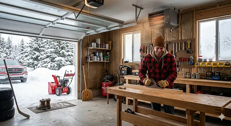A modern electric garage heater keeping a snowy Canadian driveway workshop warm during a deep freeze.