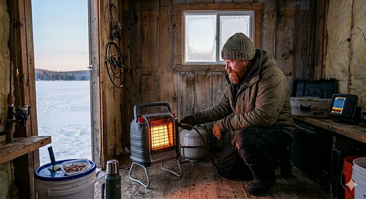 Angler using a portable ice fishing hut heater propane unit inside a winter shelter on a frozen Canadian lake.