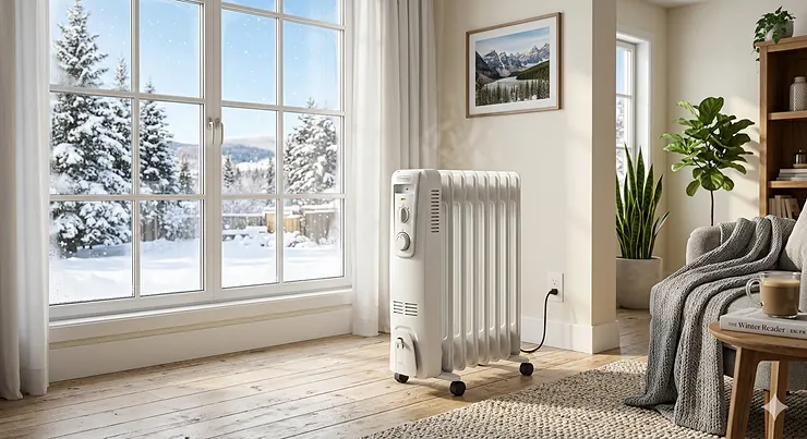 A modern white oil filled radiator heater in a sunlit Canadian living room with a snowy backyard view through a large window.