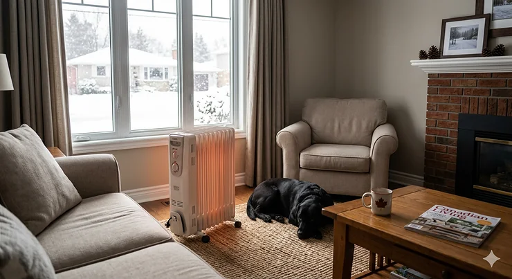 A photorealistic portable oil heater warming a 400 sq ft Canadian living room with natural light and winter views.