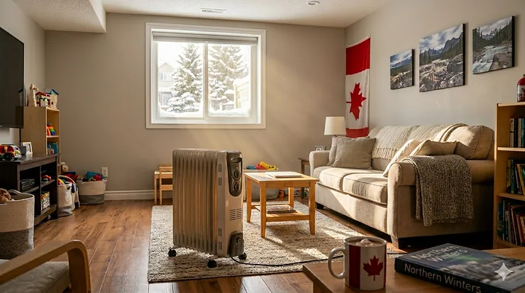 A portable electric oil heater warming a cozy finished basement living room during a snowy Canadian winter. oil heater for cold basement
