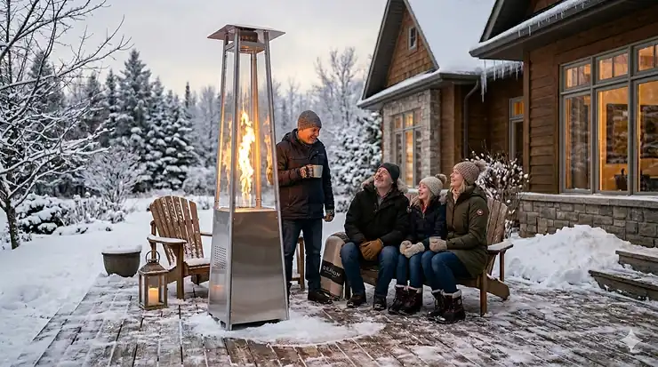 A premium propane patio heater warming a snowy backyard deck in Canada during peak winter.