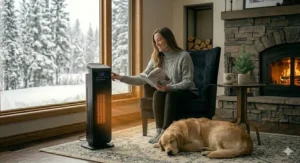 Photorealistic illustration of a best tower heater with programmable controls in a stylish, light-filled Canadian home.