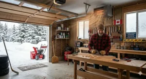 A 4K photorealistic illustration showing a man woodworking in a warm Canadian garage workshop during winter, highlighting the performance and comfort provided by the 'best-garage-heater-winter-canada' electric ceiling heater, with natural light and snow outside.