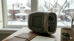 A small ceramic heater for office warming a workspace in Montreal, highlighting comfort during harsh Canadian winters.