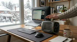 Safety-first small ceramic heater for office featuring automatic tip-over protection and overheat sensors for Canadian safety standards.