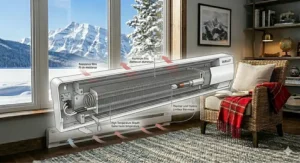 Illustration showing how to clean dust from the internal heating element fins of a residential electric baseboard heater using a soft cloth and vacuum brush.
