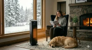 High-resolution illustration from image 9 of a sleeping golden retriever and a modern best tower heater with tip-over protection.