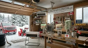 A 4K photorealistic diagram illustration providing an annual cost comparison in CAD of four garage heating scenarios during a Canadian winter, featuring a bilingual chart and realistic Canadian currency.