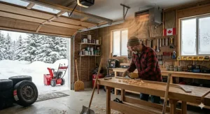 A 4K photorealistic illustration capturing a warm, cozy Canadian winter garage workshop where a craftsman in a flannel shirt works at a detailed workbench while a running ceiling-mounted 'garage heater winter' unit provides comfort.