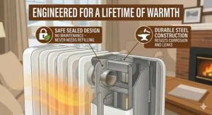 Illustration of the internal steel construction of a maintenance-free oil heater designed for long-term durability.
