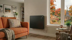 Alt Text: Creative rendering of a finished Canadian basement room utilizing a compact wall panel heater electric system to combat cold floors and damp winter air.