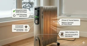 Detailed illustration of a programmable timer interface and Eco Mode function on the most energy efficient oil heater to reduce peak electricity use.