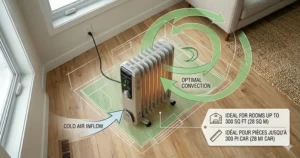 A basement cross-section diagram showing how radiant heat effectively warms a cold, drafty basement space using the most energy efficient oil heater for secondary zone heating.