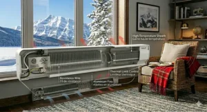 Cutaway technical diagram illustrating internal components of an electric baseboard heater including aluminum fins, resistance wire, and thermal limit control with bilingual labels.