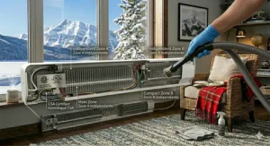 Maintenance and cleaning illustration showing a person using a vacuum extension brush to safely clear debris from a 240V electric baseboard heater element.