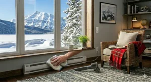 Safety clearance guide demonstrating the required minimum distance of six inches between an electric baseboard heater and a low wall outlet or surrounding furniture.