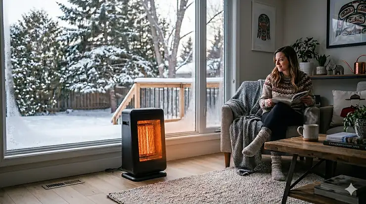 Illustration showing how a portable infrared heater reduces electricity costs for Canadian homeowners in winter.