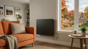 Alt Text: Graphic illustration showing the energy savings of a digital thermostat on a wall panel heater electric unit, helping Canadian homeowners lower winter utility bills.