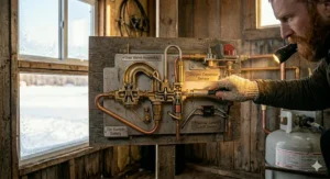 Technical illustration of the easy electronic ignition system on a modern ice fishing hut heater propane device.