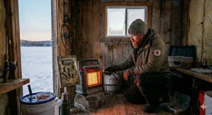 Safety diagram demonstrating proper cross-ventilation rules when using an indoor-safe ice fishing hut heater propane system.