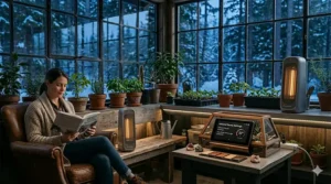 Illustration of a powerful portable infrared heater keeping a Canadian garage or DIY workshop warm in sub-zero temperatures.