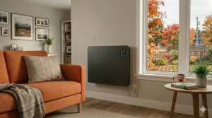 Alt Text: Step-by-step diagram detailing secure drywall mounting brackets and clearance rules for installing an electric wall panel heater safely in a home.