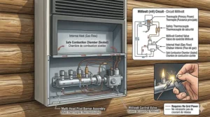 Technical illustration 7 in 4K photorealistic detail: a detailed diagram showing the specific millivolt safety circuit, thermopile, and control valve for the off-grid cabin propane heater, with bilingual English and French annotations for Canadian users.