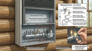 Photorealistic 4K infographic 8: detailed comparison chart illustrating off-grid propane consumption for a cabin heater, comparing steady low output versus high/low cycling, showing estimated days of heat per 100lb tank in different temperatures, featuring bilingual labels.