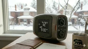 Sleek and modern small ceramic heater for office that complements contemporary Canadian interior design and office decor.