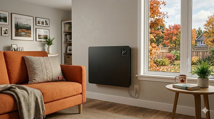 Alt Text: Modern black electric wall panel heater mounted on a living room wall next to a contemporary orange couch, offering energy-efficient zone heating for Canadian winters.