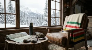 A spacious cabin living room featuring a central wood stove for an off-grid cabin next to a stack of split birch firewood.