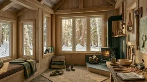 Off-grid Canadian tiny house in winter utilizing a small wood stove for efficient, self-sufficient heating.