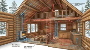 Detailed 4K photorealistic technical illustration 6: a cross-section diagram of a non-electric direct-vent propane heater for an off-grid cabin, specifically detailing the millivolt control valve and thermopile system that powers the unit without external electricity, with bilingual (EN/FR) labels for Canadian users.