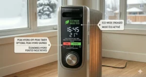 Room sizing chart and convection airflow placement guide for maximizing the efficiency of an oil radiator in different square footage Canadian living spaces.