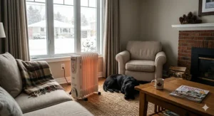 Illustration of multi-point safety features including auto-shutoff and tip-over protection for a home oil heater.