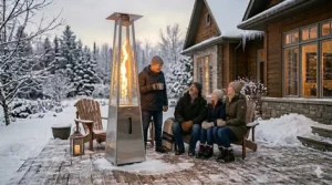 Infographic showing the best BTU ratings for patio heaters in extreme Canadian temperatures.