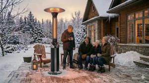 Heavy-duty waterproof cover protecting a patio heater from Canadian snow and ice.