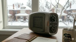 Personal small ceramic heater for office providing targeted warmth in a shared Canadian co-working space.