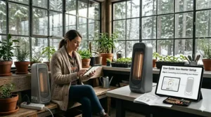 A modern home office setup in Toronto featuring a compact portable infrared heater for focused warmth while working.