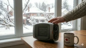 Portable small ceramic heater for office desk showing its compact size next to a laptop and a cup of coffee.