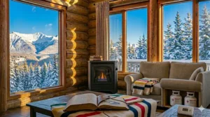 A compact, portable safe indoor propane heater being set up inside a rustic lakeside cottage to provide instant zone heating.