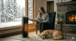 A 4K illustration grid based on image 9, highlighting safety features, energy savings, and optimal performance of the best tower heater for Canada.