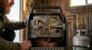 Diagram showing how to connect a 1lb cylinder or 20lb bulk tank to an ice fishing hut heater propane unit.