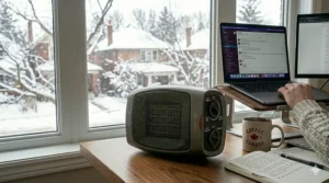 Illustration of a quiet small ceramic heater for office use, ideal for maintaining focus during Canadian corporate meetings.