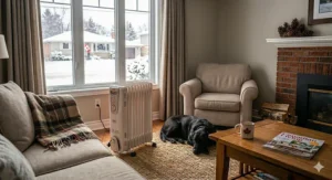 Illustration of a silent oil heater providing consistent warmth for a 400 sq ft remote workspace or home office.