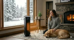 Illustration of a best tower heater with an oscillating base, based on the design seen in image 9, spreading heat across a wide, detailed room.
