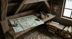 An interior view of a Canadian timber frame cabin mezzanine showing navigation maps, heavy winter work gloves, and a striped wool blanket.