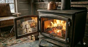 A cozy hearth setup next to an operating wood stove in an off-grid cabin with a striped wool blanket draped over an armchair.